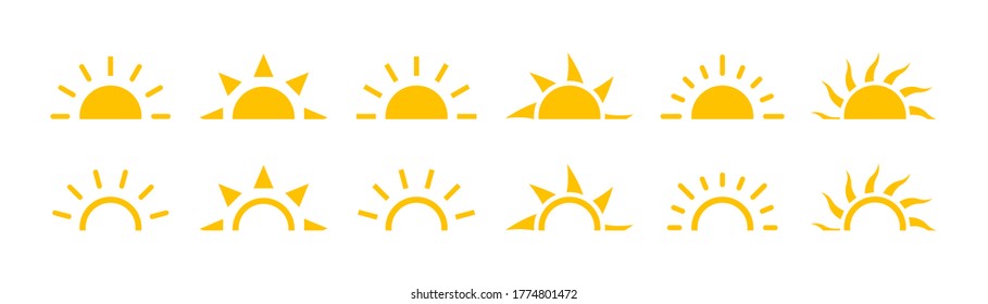 Sun icons vector isolated on white background. Shine sun ray set. Sunshine vector sign.  Sunset icon collection. Abstract art. 