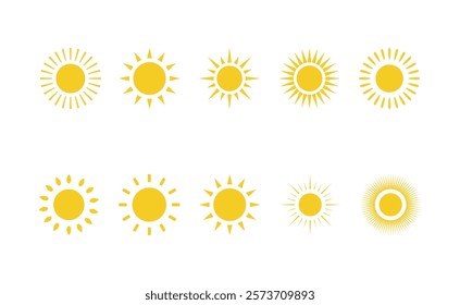 Sun icons vector isolated on white background. Shine sun ray set. Sunshine vector sign. Vector design.	
