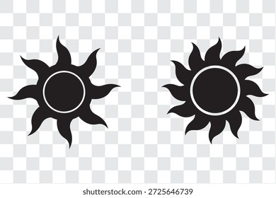 Sonnensymbole, Vektor einzeln auf weißem Hintergrund. Sonnenscheinsatz. Sonnenschein-Vektorzeichen. Kollektion von Sonnenuntergangssymbolen. Abstrakte Kunst.