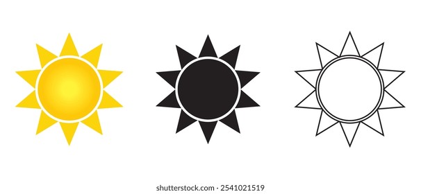 Sun icons vector isolated set on white background. Yellow, black color simple sun, hot summer weather symbol. Sunset icon collection. vector illustration. 