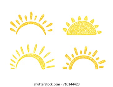 Sun Icons Vector Set. Hand drawn doodle Different Yellow Suns