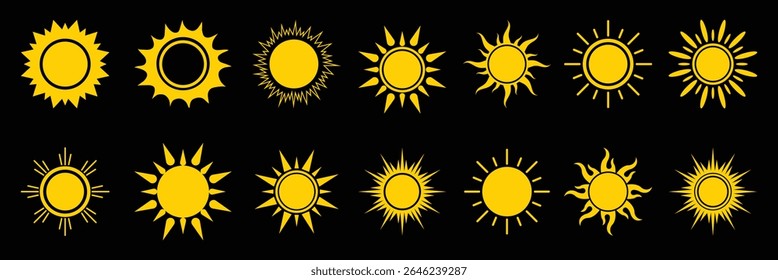 Sun icons. Sun vector set. Solar summer icon isolated on white background. Flat design. sun icon set. Summer sunlight icon. sun for web icons. solar isolated sunshine icon vector. Design eps 10.