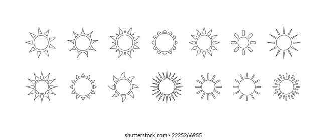 Juego de símbolos vectoriales de iconos solares. Conjunto de iconos Sol Aislado sobre fondo blanco. Diseño plano vectorial