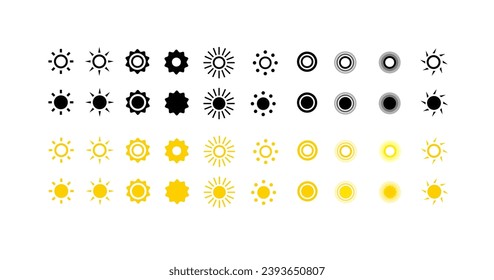 Sun icons. Yellow sun set for design, isolated sun icons. Vector icons