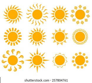 Sun icons yellow. The sun sets in different shapes, vector illustration