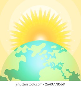 Sun illuminates the Earth. Solstice day concept, light and heat, solar energy, renewable energy. Banner design template for social media posting, text placement, etc.