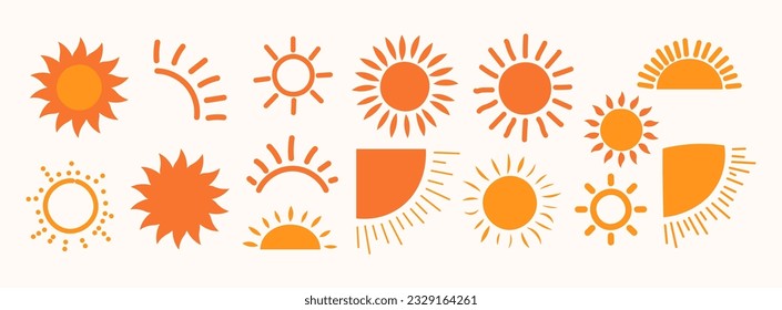 Sun illustration collection in hand drawn cartoon flat style. Yellow sun star icons collection. Summer, sunlight nature vector illustration