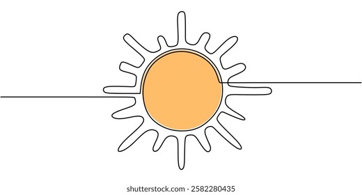 Sun illustration in continuous one line drawing. Representation of energy, warmth, and new beginnings. Vector illustration hand drawn.