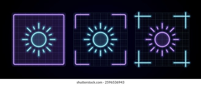 Sun illustration, cyber neon visual, glowing border grid vector.	