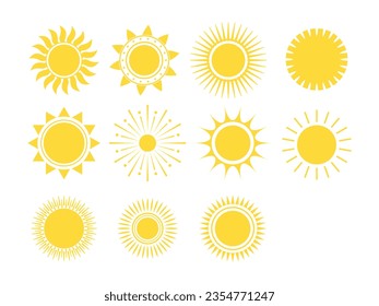Sonnenkollektion in verschiedenen Stilen. Gelbe Sonnenzeichnungen. Sonnenvektorkunst.