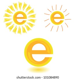 sun illustration in yellow with letter e on white