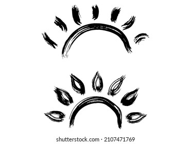 Sonnenbild mit handgezeichnet Pinselstrich Textur einzeln auf weißem Hintergrund für Shirt-Design, Sonnenschutzcreme mit Spießerzeichen, Schönheitsindustrie, Sommerbanner, etc. Vektorgrafik. Set.