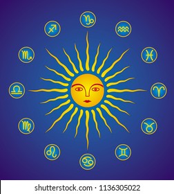 The sun is the image of man. Face in halo of rays. Image of sun. Colorful colorful symbol. Vector graphics