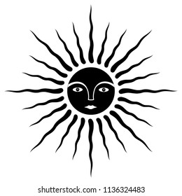 The sun is the image of man. Face in halo of rays. Black and white symbol. Vector graphics.