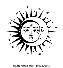 Sun inside the moon. Celestial design. Vector silhouette illustration. Symbols of magic and alchemy. Boho mystical sign. Witchy print.