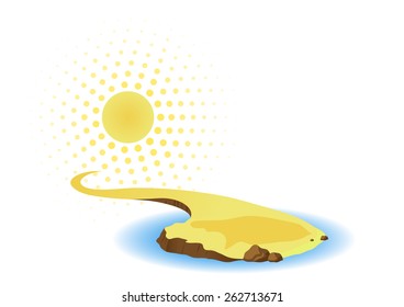 Sun and island with sea. Vector logo.