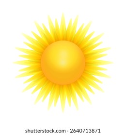 Sun. Isolated bright golden yellow sun with rays on white background. Design element for International Day of Solstice, Astronomy, Space, Astrology.