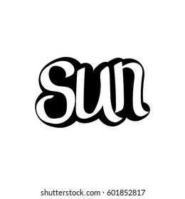 sun, isolated sticker, calligraphy lettering, word design template, vector illustration