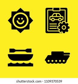 sun, kayak, car repair and war tank vector icon set. Sample icons set for web and graphic design