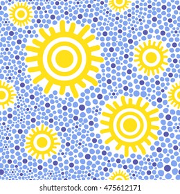 Sun kids pattern vector. Dotted child style yellow circles and blue sky. Sunny design for baby shower card, birthday and party invitation, fabric, wrapping paper and background.