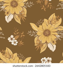 Sun kissed petals vector seamless pattern on brown background allover print repeat tile, perfect for all uses