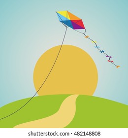 sun kite and landscape icon. Good day in the park theme. Colorful design. Vector illustration