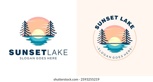 Sun lake logo design, Lake river in the forest vector, Sun and lake mascot emblem, minimalist illustration of tranquil sunset scene, featuring pastel colored sky, agentle lake, silhouetted pine trees.