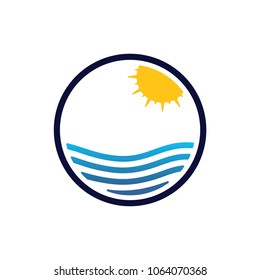 Sun With Land or Water Logo Design Template. Vector Illustration.