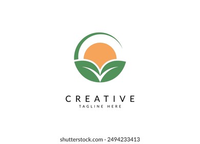 Ilustración del icono del Vector del diseño del logotipo de la agricultura del sol con la hoja.