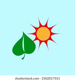 Sun and leaf icon. Vector nature design. Bright red, yellow, green. Light blue background.
