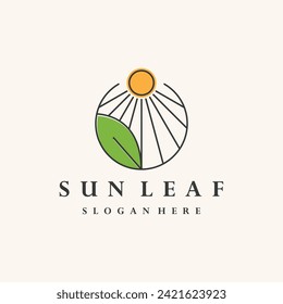 Sun leaf logo design template vector icon illustration