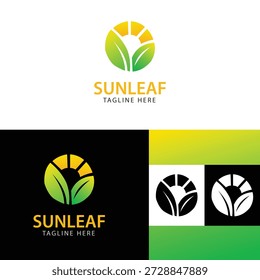 Logotipo de la hoja de sol que simboliza la naturaleza, la sostenibilidad y el estilo de vida orgánico. Perfecto para empresas ecológicas, productos orgánicos, marcas agrícolas y empresas de energía verde.