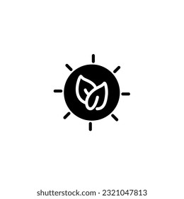 Sun with leaf nature energy power. Vector solid icon black and white with green eco energy theme