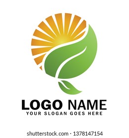 Sun leaf vector logo template, sun logo and flower in round shape