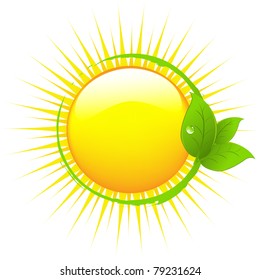 Sun With Leafs, Isolated On White Background, Vector Illustration