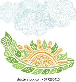 Sun and leaves. Abstract nature decorative element. Vector illustration.