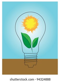 Sun and leaves inside of screw type lamp. Could be used to promote green energy.