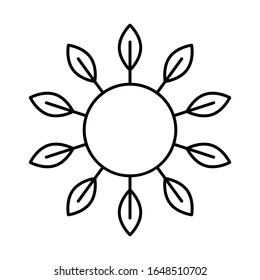 Sun with leaves rays and copyspace. Linear icon of flower. Black simple illustration for eco friendly cosmetic and food. Contour isolated vector image on white background. Symbol for package design