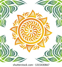 Sun and leaves. Vector illustration