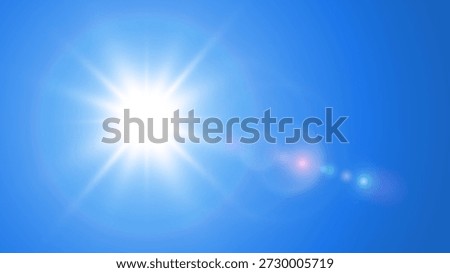 Sun with lens flare against blue sky, spring and summer background, concept of beautiful clear weather and vacation time, vector illustration.