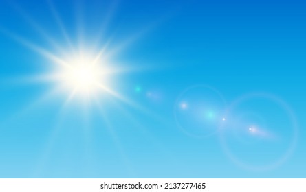 Sun With Lens Flare And Blue Sky, Vector Sunny Natural Background.