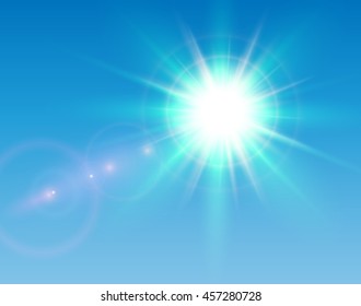 Sun with lens flare and blue sky, vector sunny background.