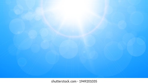Sun with lens flare and bokeh of lights, summer or spring natural background as nature hot sunny day, vector illustration.