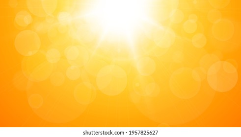 Sun with lens flare and bokeh of lights, summer or spring natural orange background as nature hot sunny day, vector illustration.