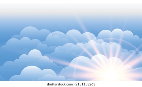 sun lens flare with clouds on blue sky background