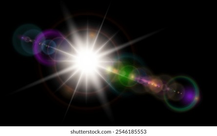 Sol com flare de lente isolado no fundo preto, ilustração 3d vetor realista.