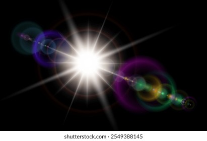 Sun with lens flare isolated on black background, realistic vector 3d illustration.