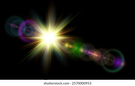 Sun with lens flare isolated on black background, realistic vector 3d illustration.