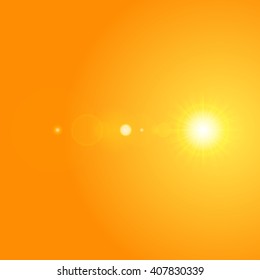 Sun with lens flare lights template and vector background. Sunrise or Sunset Special Effect Glowing Rays. Good for promotion materials, Brochures, Banners. Abstract Backdrop.