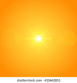 Sun with lens flare lights template and vector background. Sunrise or Sunset Special Effect Glowing Rays. Good for promotion materials, Brochures, Banners. Abstract Backdrop.